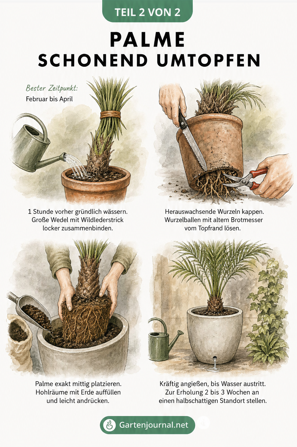 Vier illustrierte Schritte zum schonenden Umtopfen einer Palme, vom Wässern über das Lösen der Wurzeln bis zum Einsetzen und Angießen