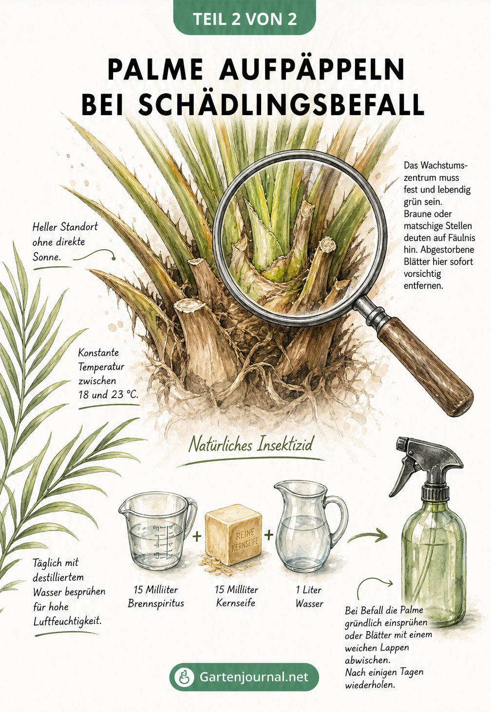 Illustration des Palmenherzens und eines natürlichen Insektizids aus Brennspiritus, Kernseife und Wasser