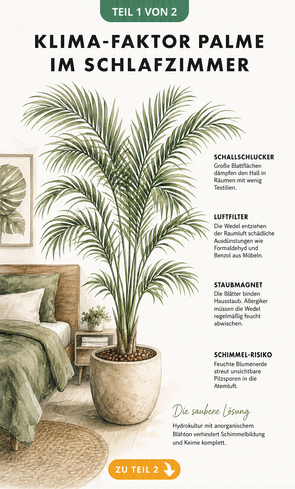 Illustration einer Palme im Schlafzimmer mit Erklärungen zu Luftfilterung, Schallschutz und Schimmelrisiko