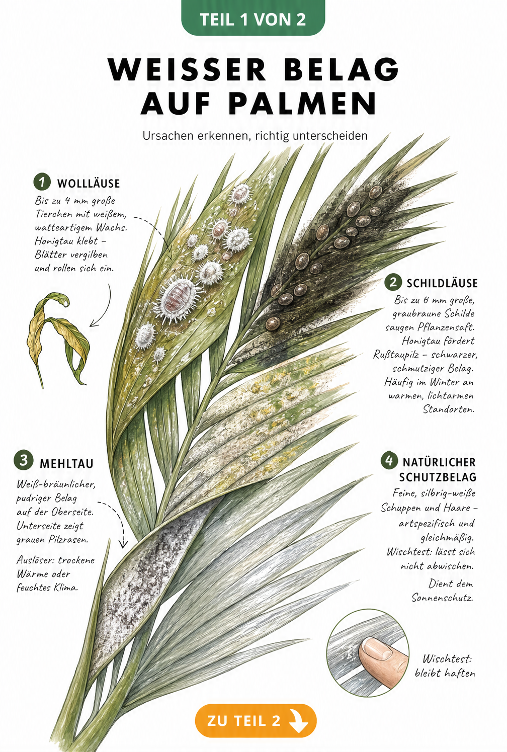 Botanische Zeichnung eines Palmenwedels mit stark vergrößerten Darstellungen von Wollläusen, Schildläusen, Mehltau und natürlichem Schutzbelag