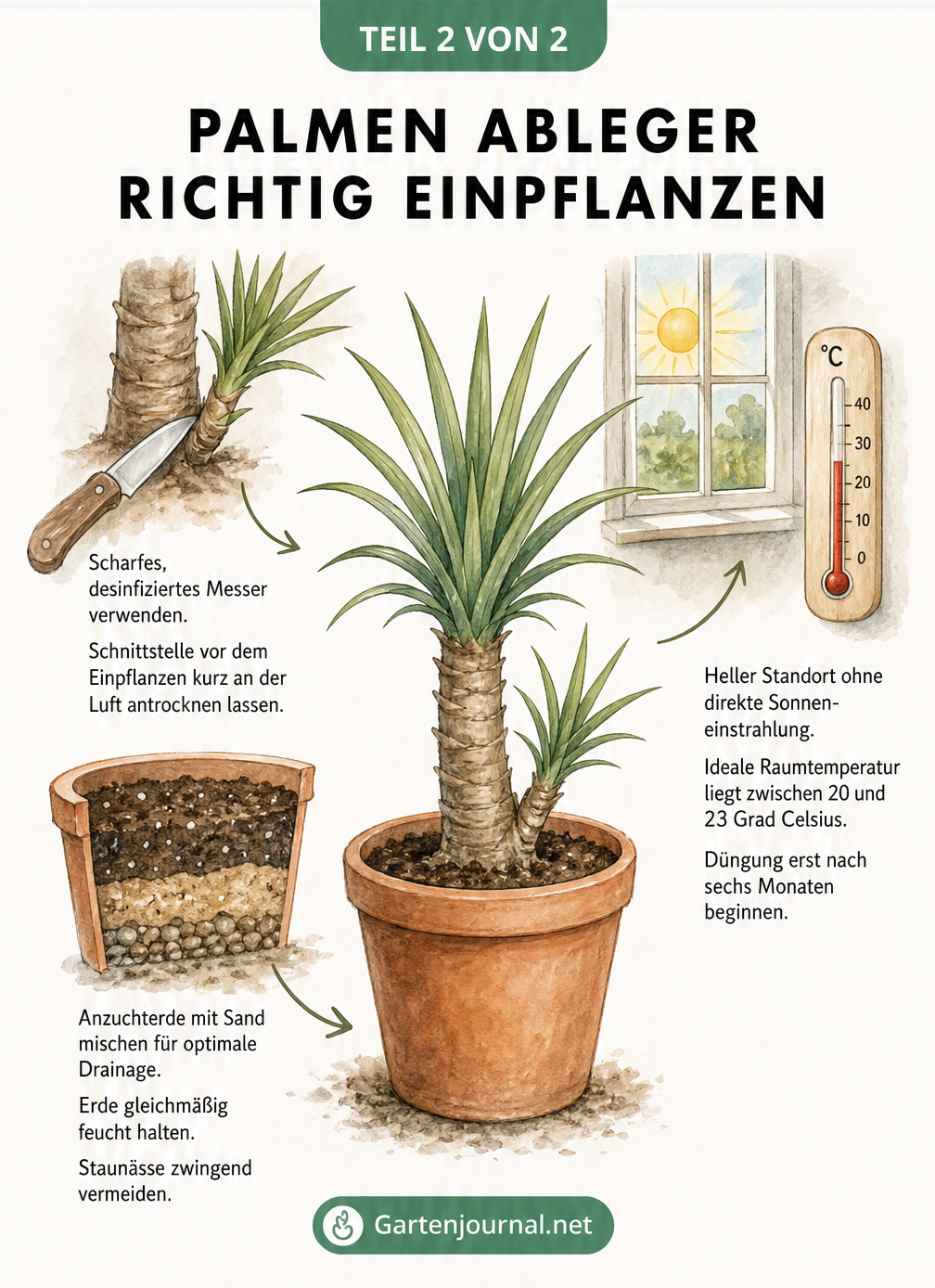 Zeichnung eines frisch eingetopften Yucca-Ablegers mit Details zu Schnitt, Erde und Standort