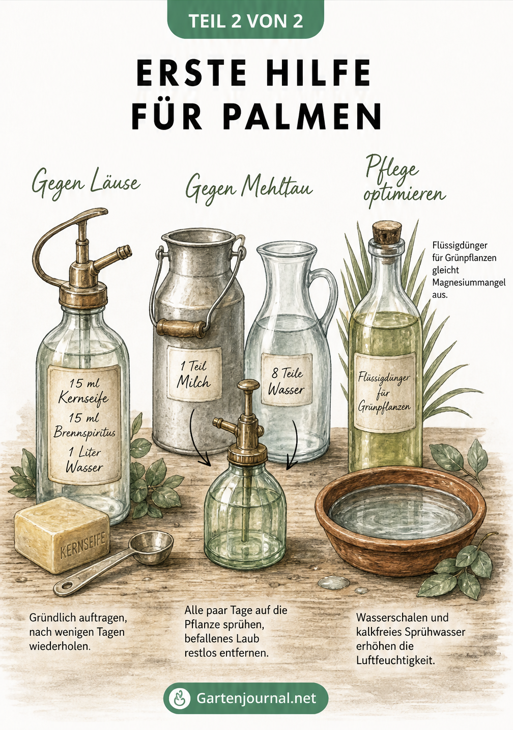 Illustration von Hausmitteln gegen Palmen-Krankheiten: Kernseife-Spiritus-Mischung gegen Läuse, Milch-Wasser-Mix gegen Mehltau und Tipps zur Pflegeoptimierung.