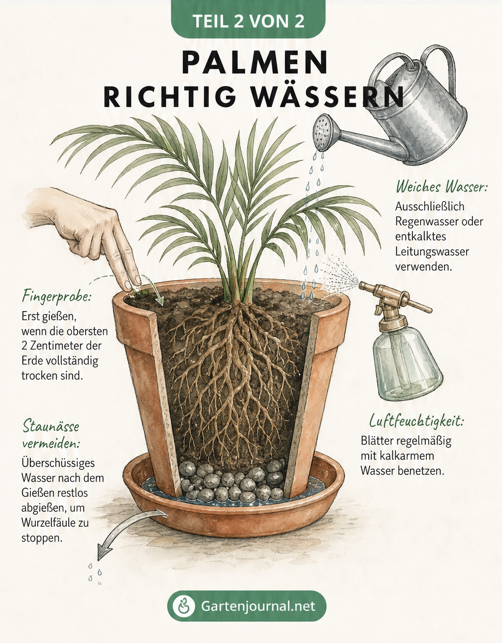 Querschnitt eines Blumentopfs mit Palme, der Fingerprobe, weiches Wasser, Luftfeuchtigkeit und Vermeidung von Staunässe zeigt.