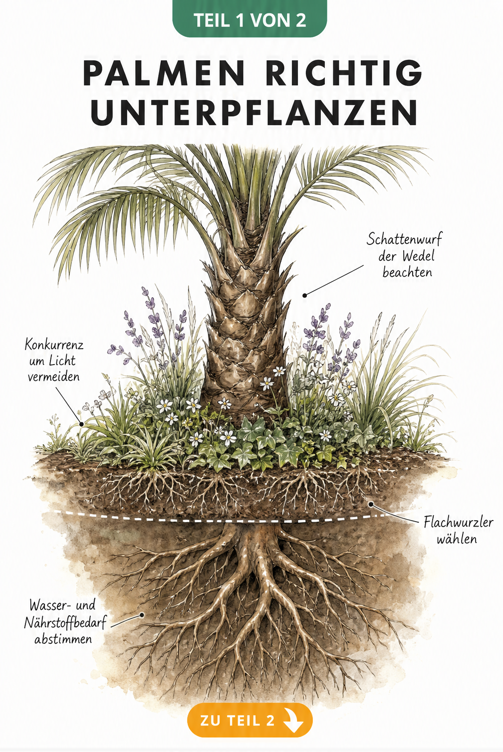 Querschnitt durch das Erdreich unter einer Palme mit flachwurzelnden Begleitpflanzen