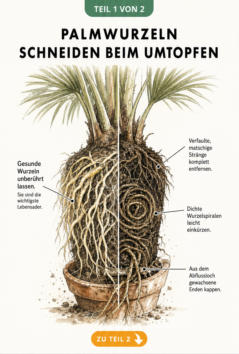Botanische Illustration eines Palmen-Wurzelballens, die gesunde helle Wurzeln von kranken, verfaulten und verdichteten Wurzeln unterscheidet.