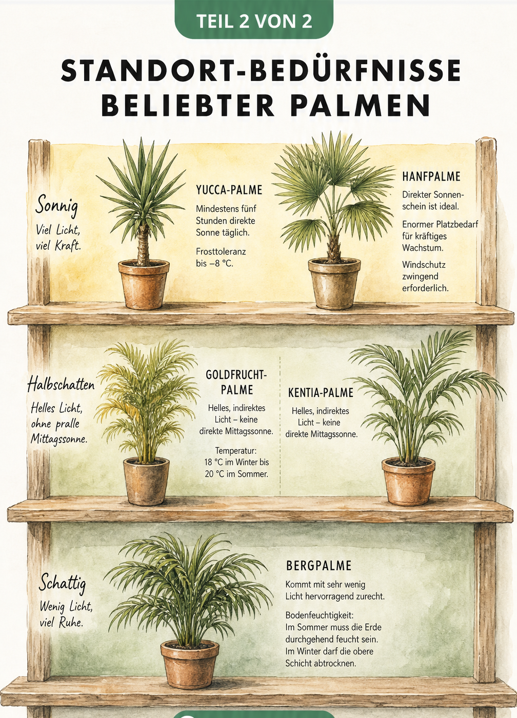 Aquarell-Illustration eines Regals mit Yucca, Hanfpalme, Goldfruchtpalme, Kentia-Palme und Bergpalme nach Lichtbedarf sortiert