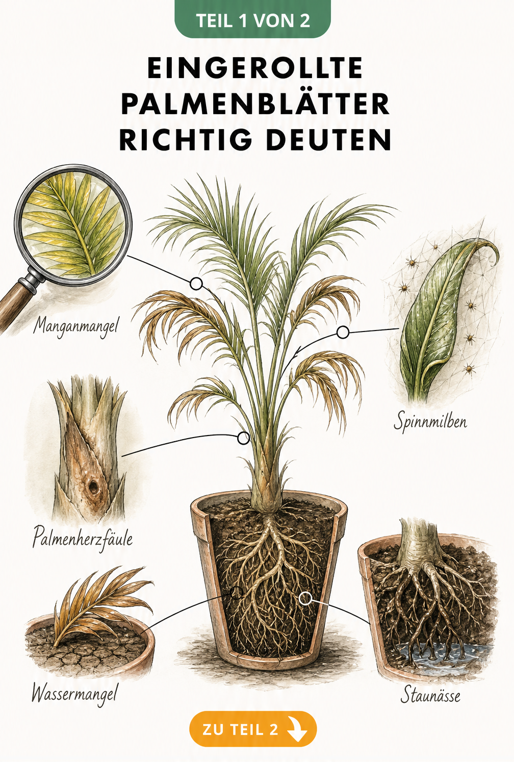 Botanische Illustration einer Palme im Querschnitt, die Symptome wie Manganmangel, Spinnmilben, Palmenherzfäule, Wassermangel und Staunässe an Blättern, Stamm...
