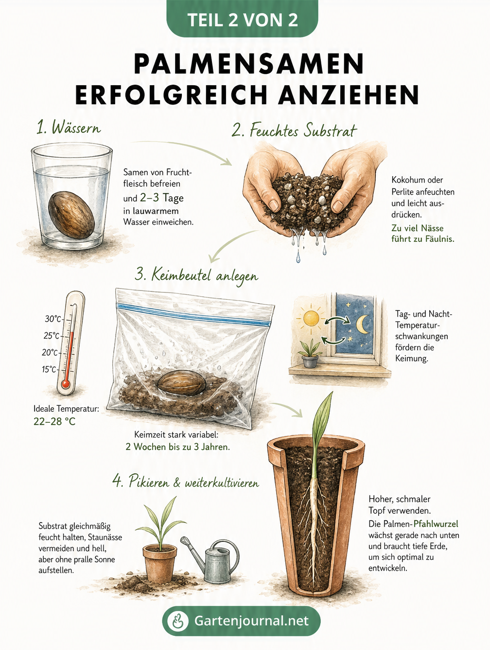 Illustration der Keimbeutel-Methode zur Anzucht von Palmensamen