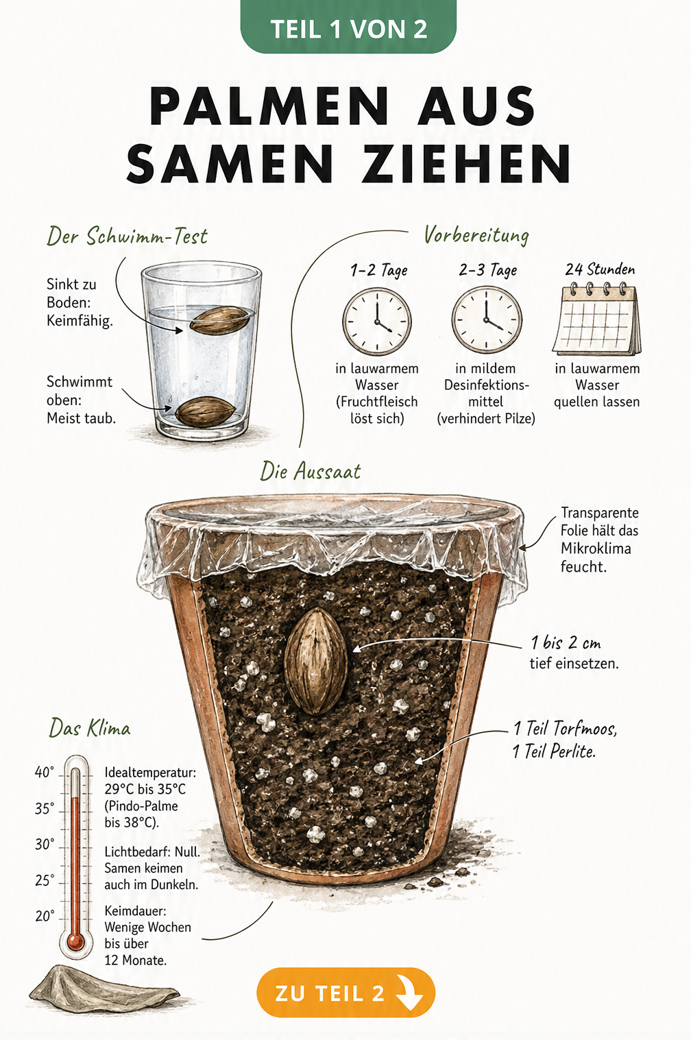 Illustration zur Vorbereitung und Aussaat von Palmensamen mit Schwimmtest und Topf-Querschnitt