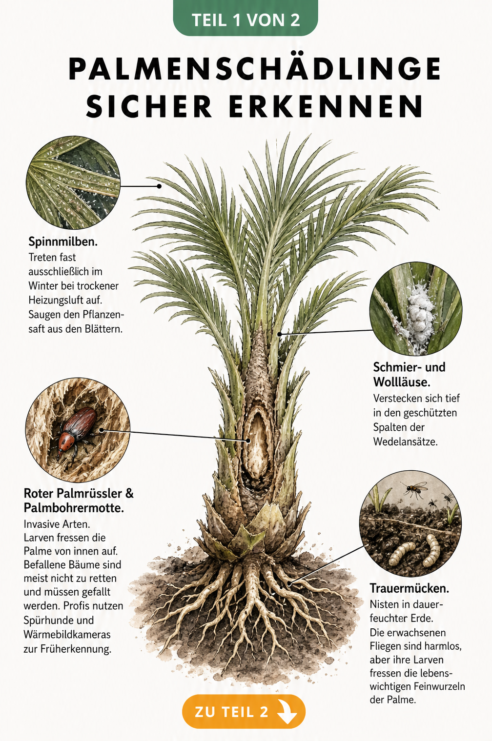 Botanische Illustration einer Palme im Querschnitt mit Schadbildern von Spinnmilben, Wollläusen, Palmrüssler und Trauermücken