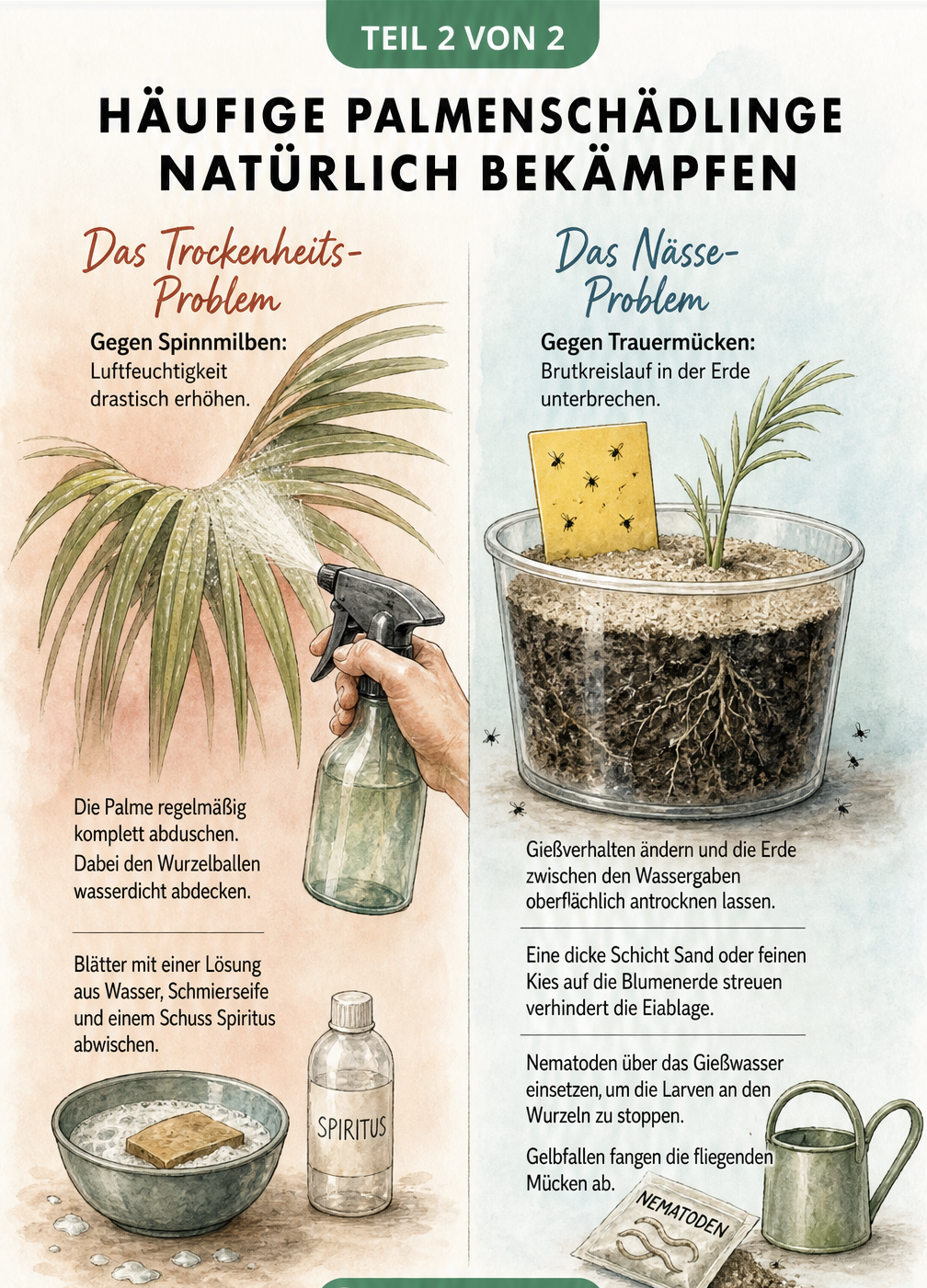 Zweigeteilte Grafik zur natürlichen Bekämpfung von Palmenschädlingen bei Trockenheit und Nässe