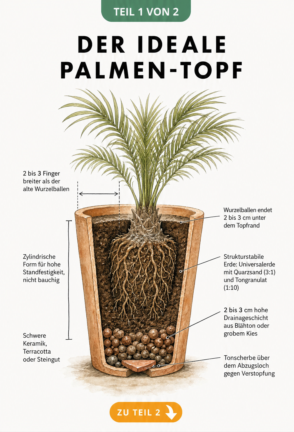Querschnitt eines bepflanzten Palmentopfs mit Maßangaben zu Topfgröße, Material und den verschiedenen Erdschichten