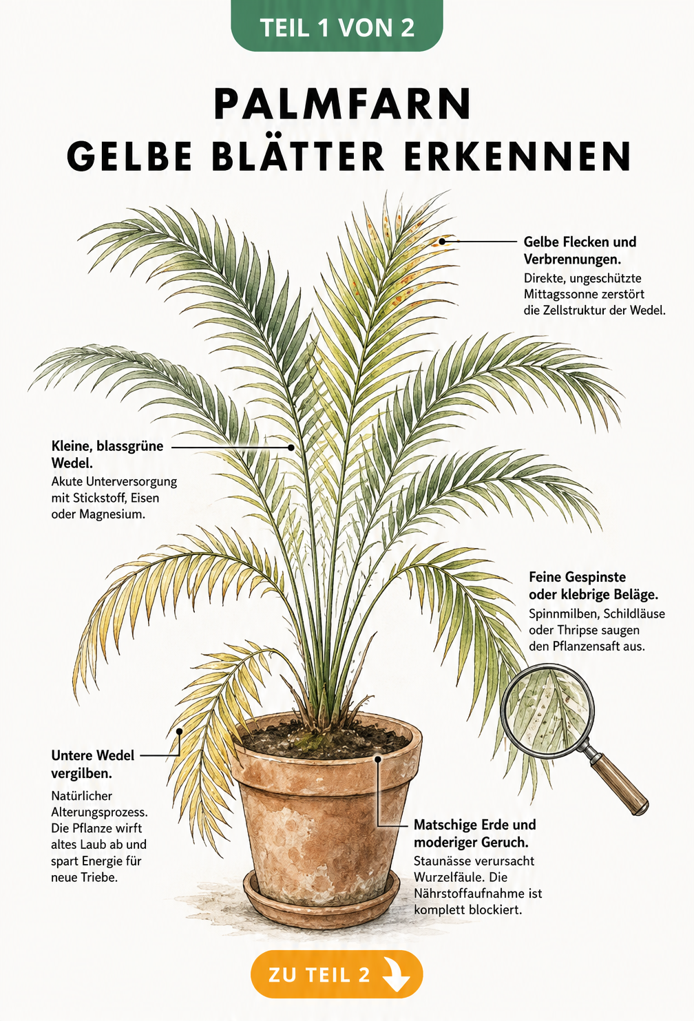 Botanische Illustration eines Palmfarns im Terrakottatopf mit Hinweisen zu Ursachen für gelbe Blätter wie Staunässe, Sonnenbrand und Nährstoffmangel.