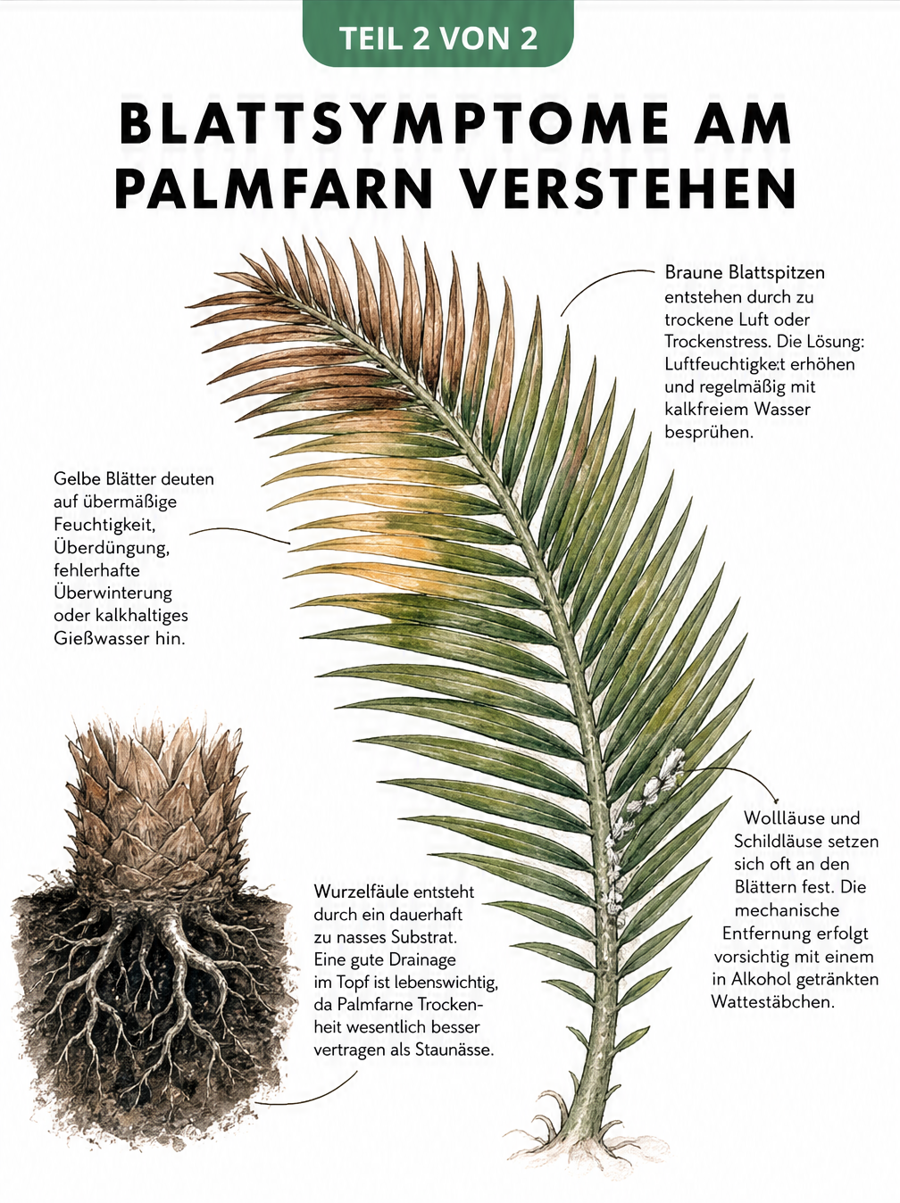 Nahaufnahme eines Palmfarn-Wedels und Wurzelhalses mit Erklärungen zu braunen Spitzen, gelben Blättern, Schädlingen und Wurzelfäule