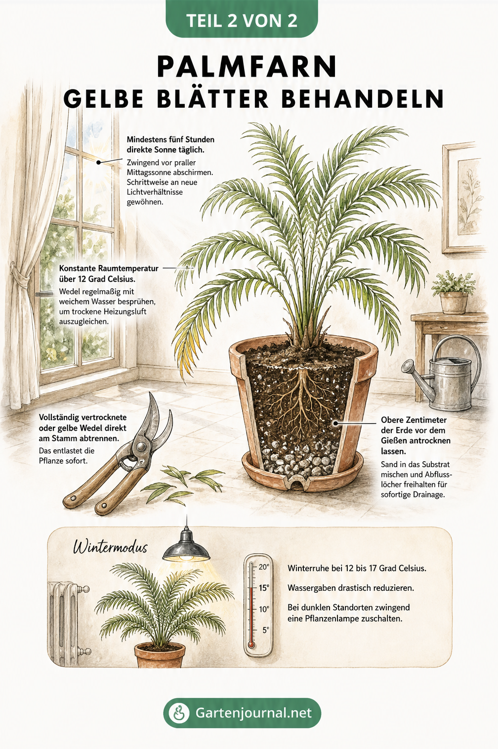 Querschnitt eines Raumes mit einem gesunden Palmfarn, der optimale Pflegebedingungen wie Licht, Temperatur und Gießverhalten zeigt.