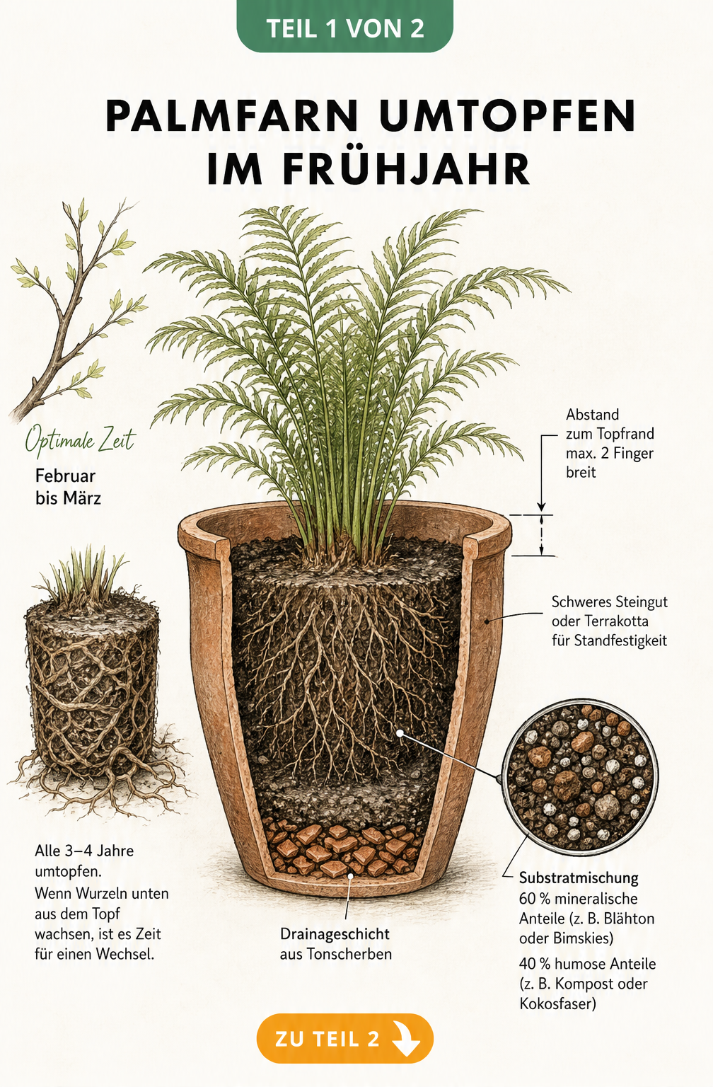 Botanische Schnittdarstellung eines Palmfarns im Terracotta-Topf mit Details zu Zeitpunkt, Wurzeln und Substratmischung
