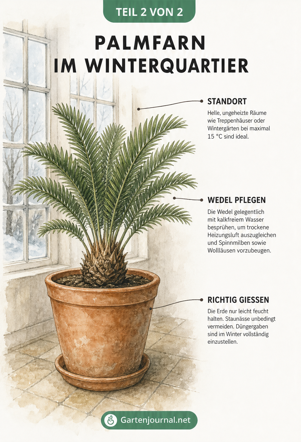 Illustration eines Palmfarns im Terrakottatopf in einem hellen, kühlen Raum mit Hinweisen zu Standort, Gießen und Pflege im Winter.