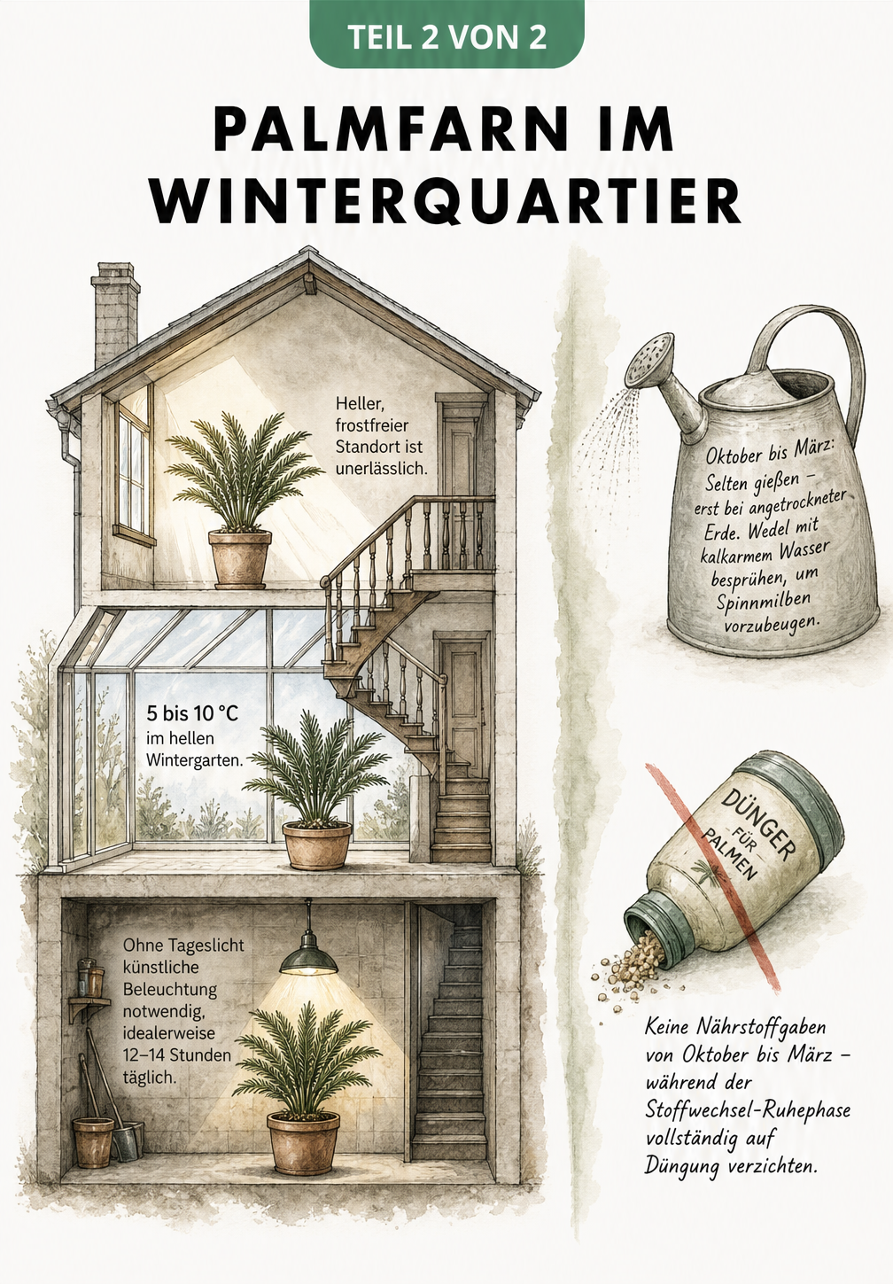 Schnittzeichnung eines Hauses mit Palmfarnen in Wintergarten, Treppenhaus und Keller