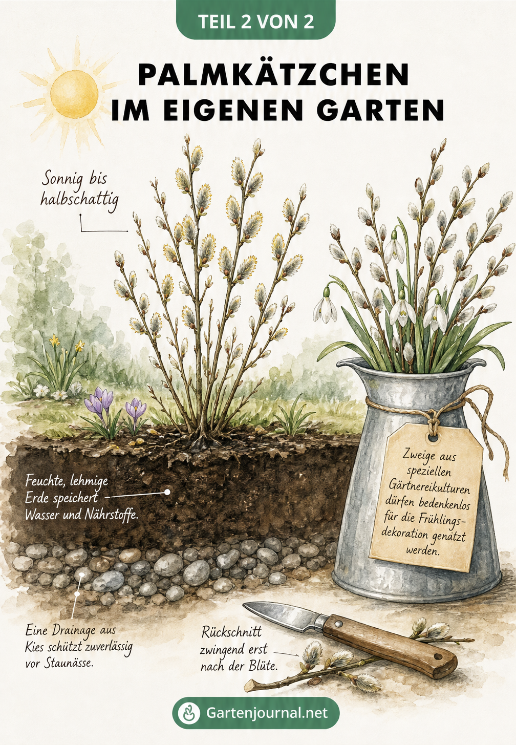 Illustration eines Palmkätzchenstrauchs im Garten mit Hinweisen zu Standort, Boden und richtigem Rückschnitt