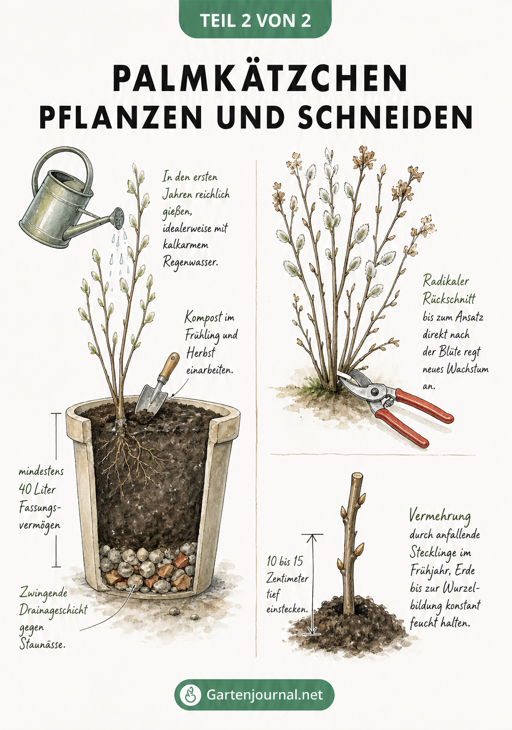 Skizze zum Pflanzen von Palmkätzchen im Kübel mit Drainageschicht sowie Anleitung zum Rückschnitt und zur Vermehrung durch Stecklinge