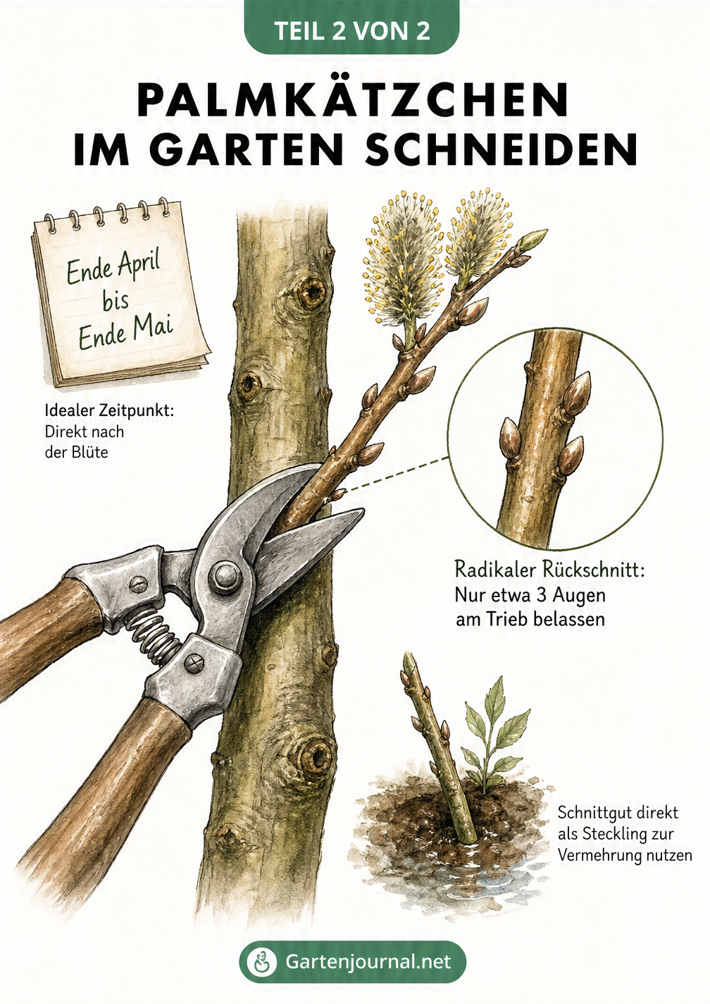 Zeichnung eines Weidenstamms mit Gartenschere beim Rückschnitt, Detailansicht von drei Knospen am Trieb und Kalenderblatt für Ende April bis Ende Mai