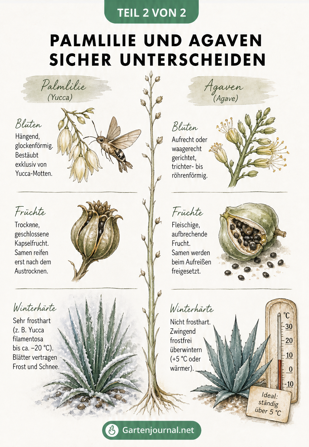 Vergleichszeichnung von Blüten, Früchten und Klimatoleranz bei Palmlilie und Agave