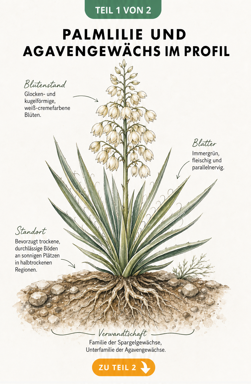 Botanische Illustration einer Palmlilie mit Blütenstand und Erdschnitt
