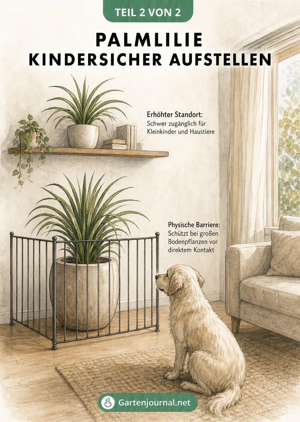 Illustration eines Wohnzimmers mit einer Palmlilie auf einem hohen Regal und einer weiteren hinter einem Zimmergitter