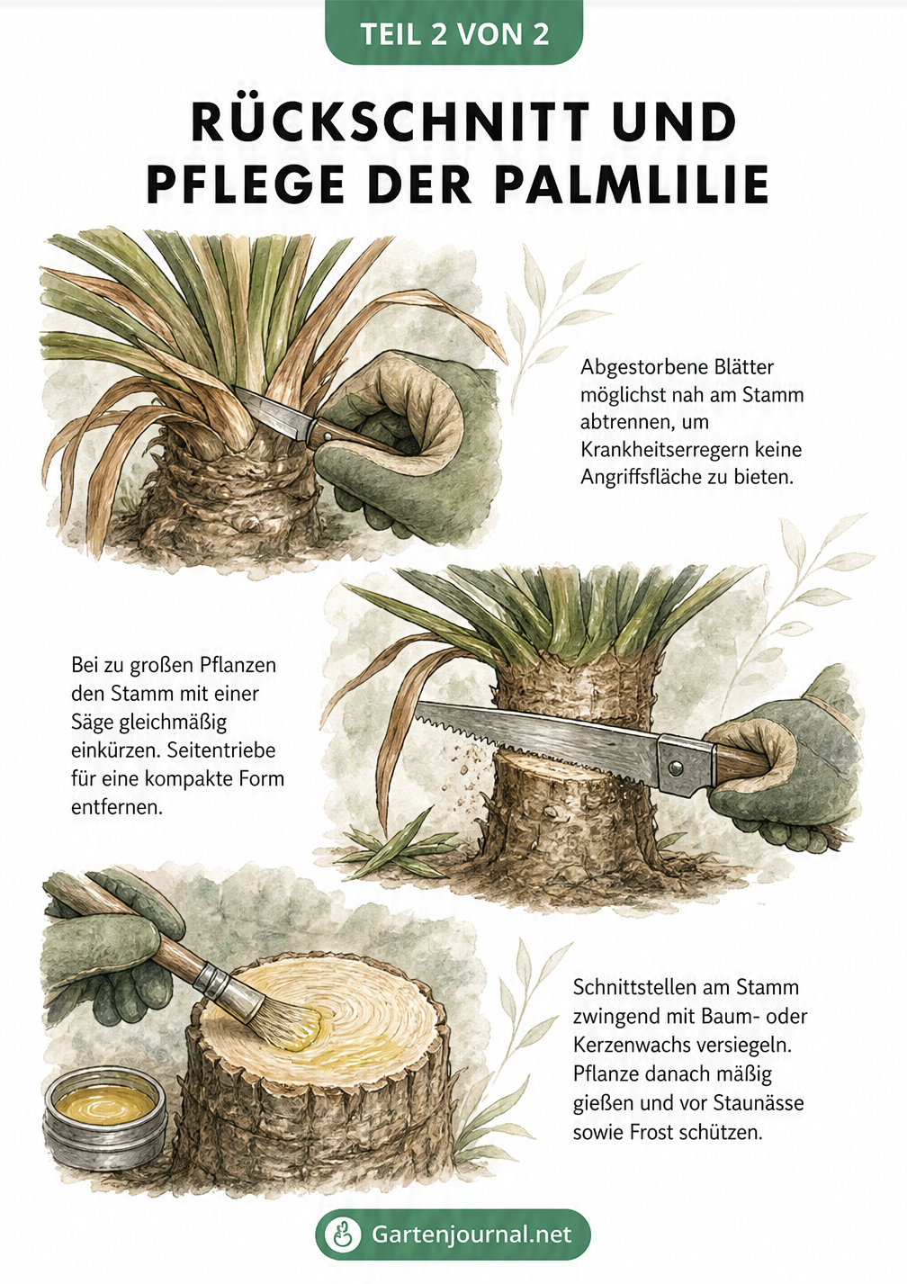 Detailzeichnungen zum Rückschnitt der Palmlilie: Entfernen brauner Blätter, Einkürzen des Stammes mit einer Säge und Versiegeln der Schnittstelle mit Wachs.