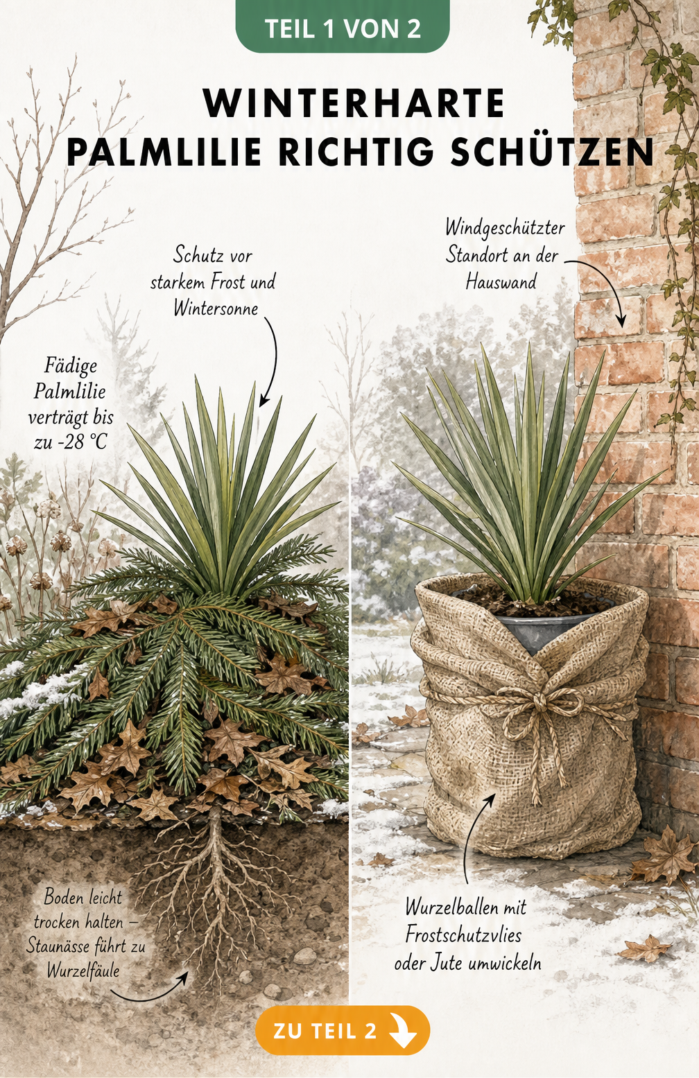 Illustration einer winterharten Palmlilie im Freiland mit Tannenreisig und im Kübel mit Jute umwickelt