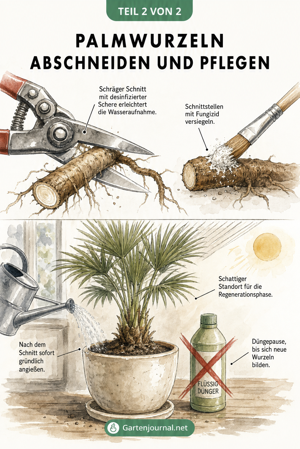 Illustration einer Gartenschere beim schrägen Schnitt einer Palmwurzel, Versiegelung mit Fungizid und der anschließenden Pflege im neuen Topf.