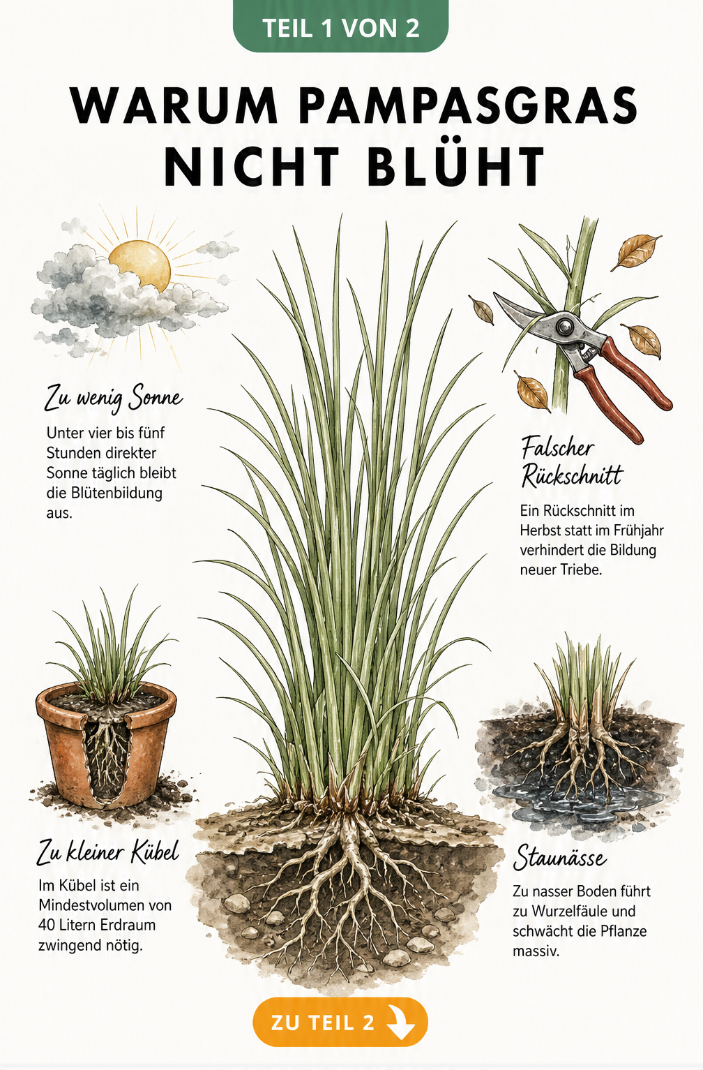 Botanische Illustration eines Pampasgrases ohne Wedel mit Darstellung von Lichtmangel, falschem Rückschnitt, zu kleinem Kübel und Staunässe