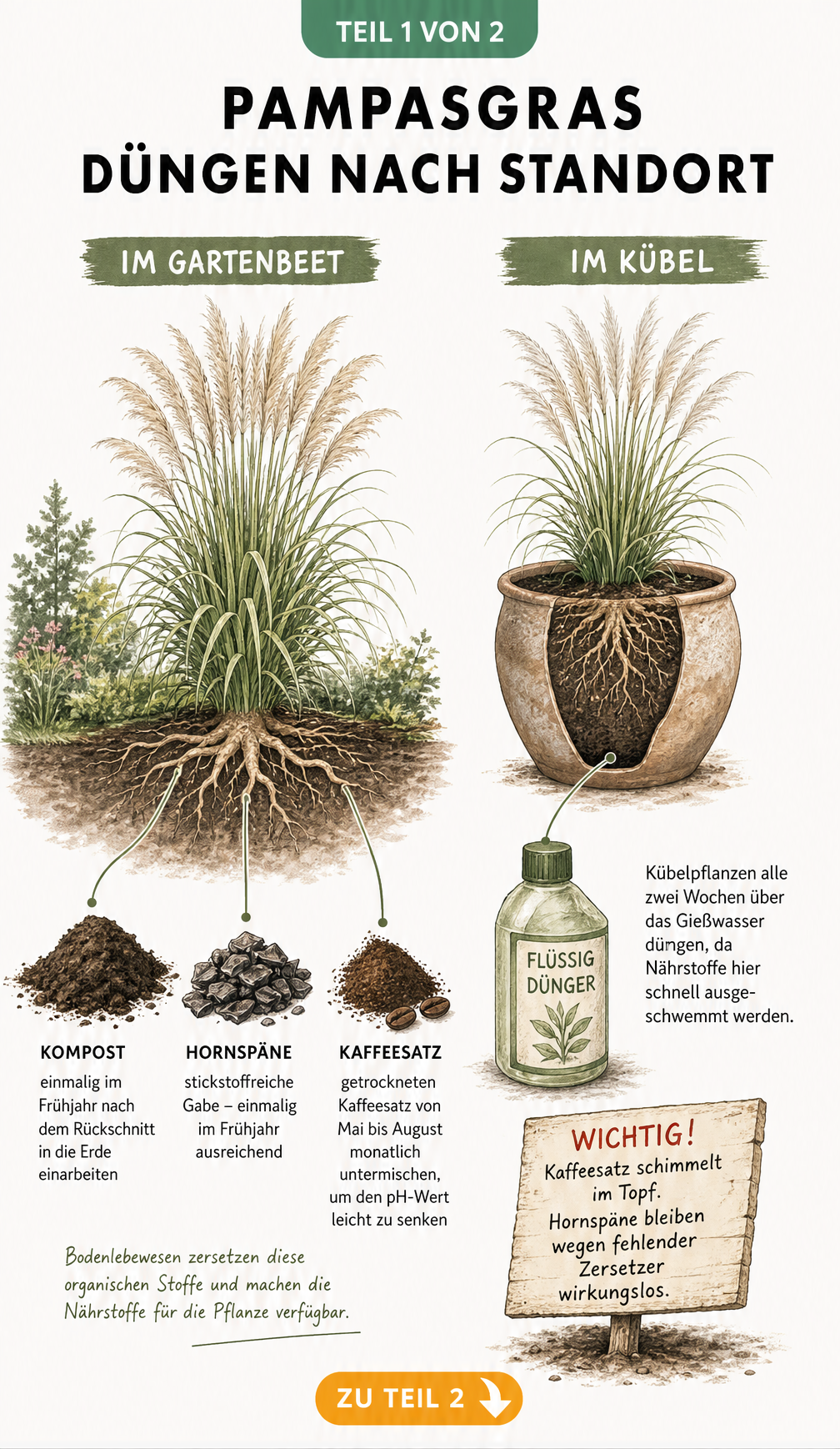 Illustration von Pampasgras im Gartenbeet und im Pflanzkübel mit passenden Düngemitteln wie Kompost, Hornspänen, Kaffeesatz und Flüssigdünger.