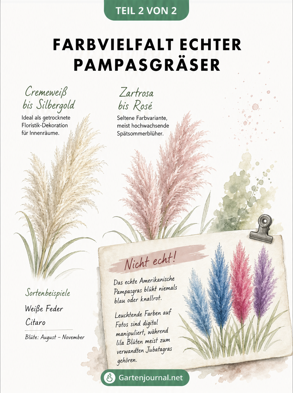 Aquarell-Farbpalette von Pampasgras-Blütenrispen in Weiß, Rosa und ein Warnhinweis zu künstlichen Farben