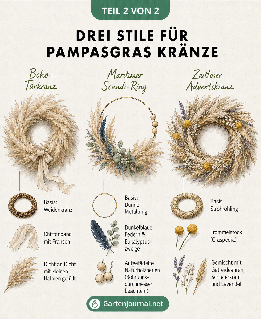 Drei verschiedene Designs für Pampasgras-Kränze: Ein voluminöser Boho-Türkranz, ein maritimer Scandi-Metallring und ein Adventskranz mit Trockenblumen