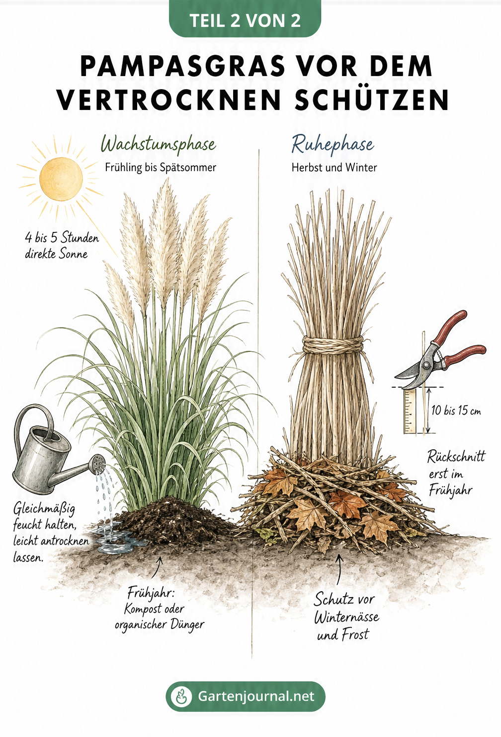 Gegenüberstellung von Pampasgras im Sommer mit Sonne und Gießkanne sowie im Winter zusammengebunden mit Laubschutz und Gartenschere.