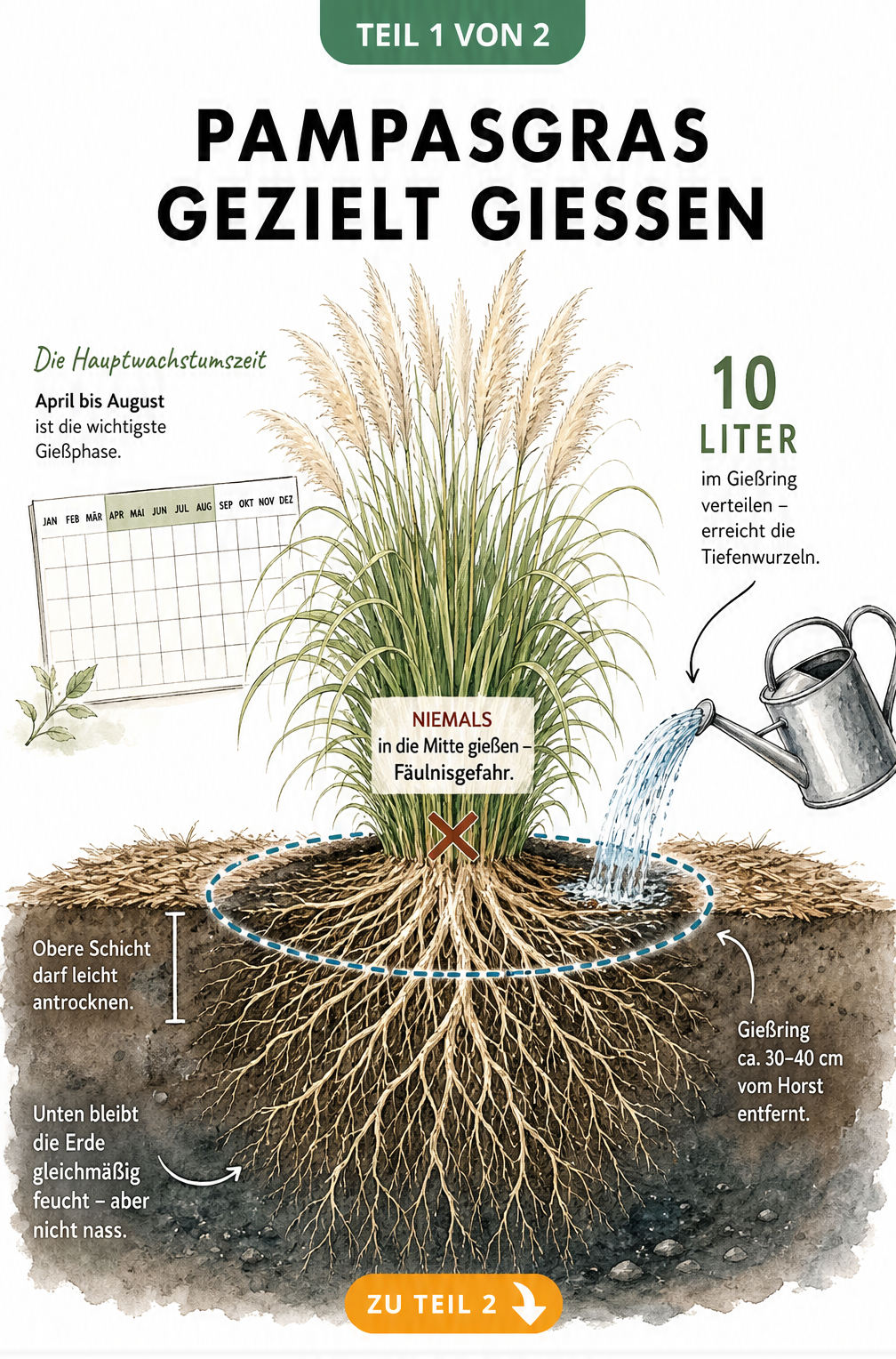 Illustration eines Pampasgrases im Querschnitt mit tiefen Wurzeln, einer Gießkanne, die 10 Liter Wasser in einem Ring gießt, und dem Hinweis, nicht in die...