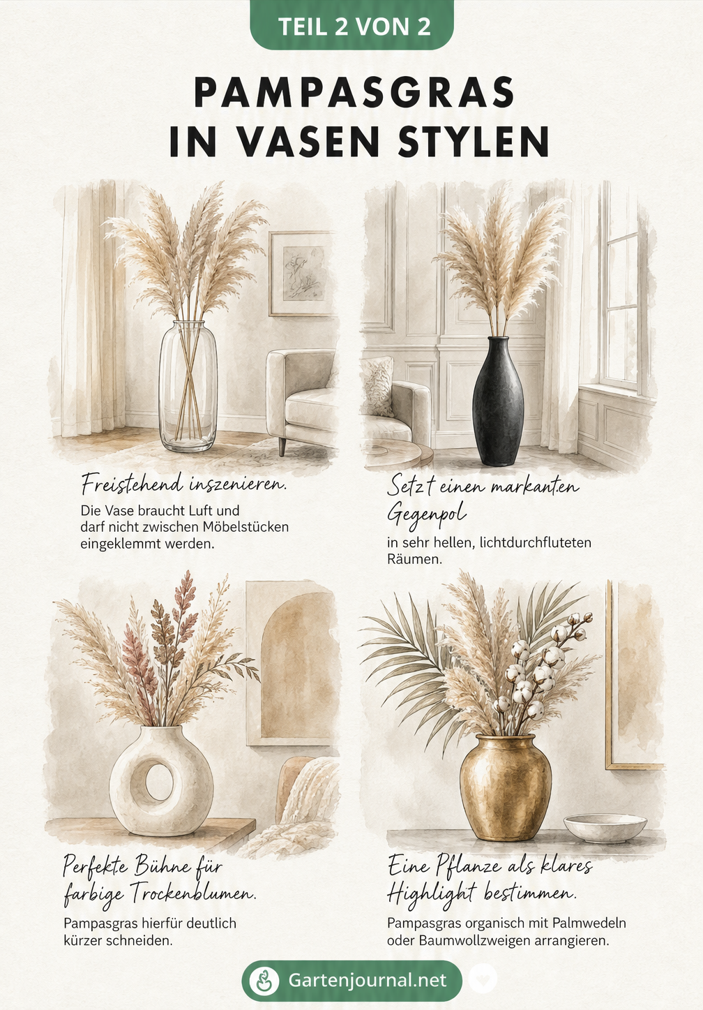 Vier Illustrationen verschiedener Vasen-Arrangements mit Pampasgras in unterschiedlichen Einrichtungsstilen