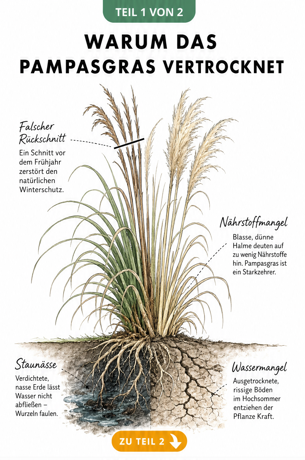 Botanische Illustration eines Pampasgrases mit braunen Wedeln, die Ursachen wie Staunässe, Wassermangel, Nährstoffmangel und falschen Rückschnitt zeigt.
