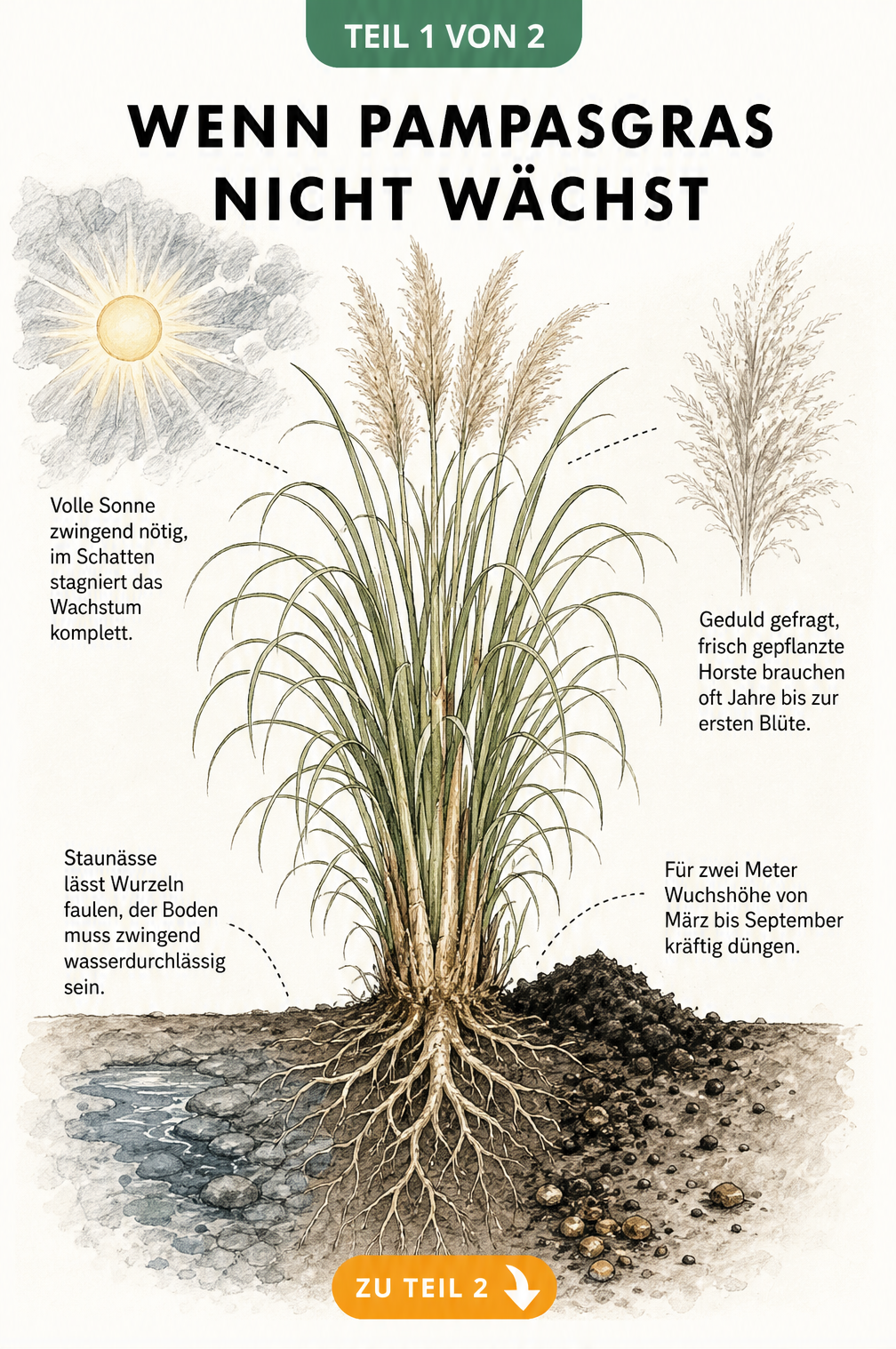 Botanische Illustration eines Pampasgrases im Querschnitt mit Hinweisen zu Sonne, Staunässe, Dünger und Blütezeit