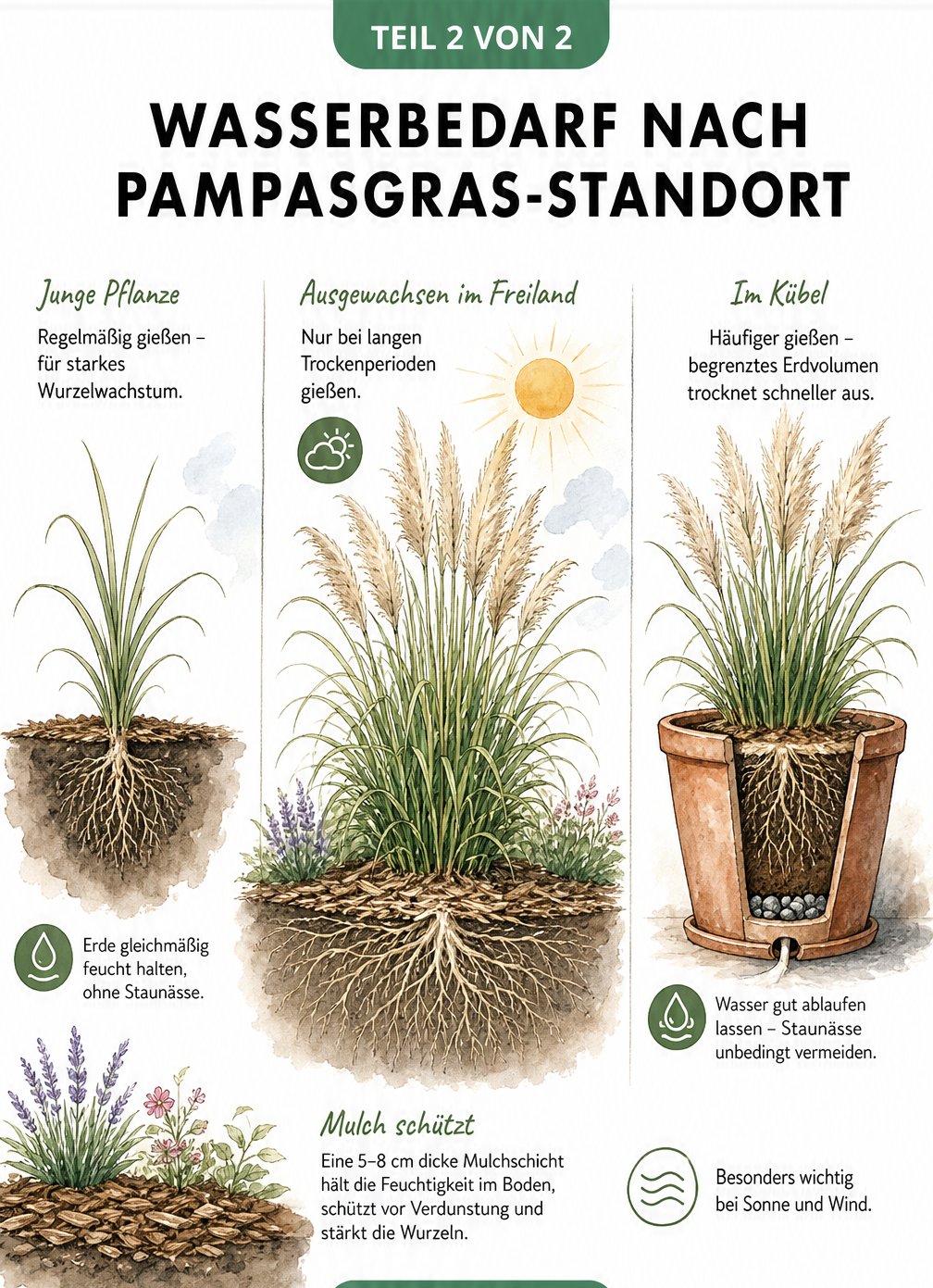 Aquarell-Illustrationen von Pampasgras an verschiedenen Standorten: eine junge Pflanze, ein ausgewachsenes Gras im Freiland mit Mulchschicht und ein Pampasgras...