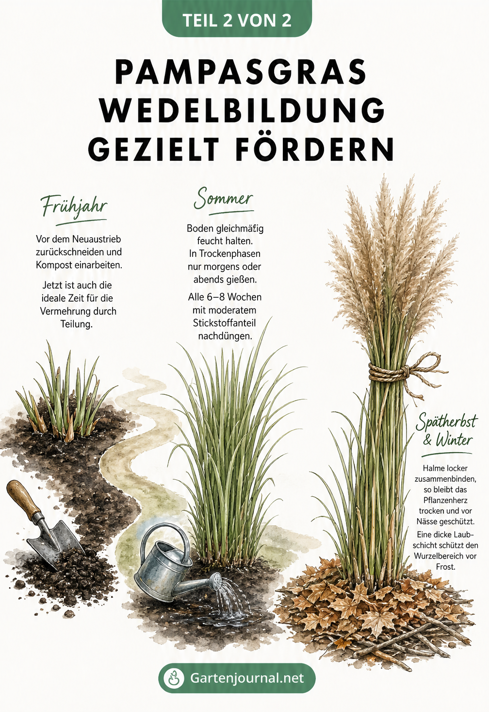 Aquarell-Illustration zur Pflege von Pampasgras im Jahreslauf mit Rückschnitt im Frühjahr, Wässern im Sommer und Winterschutz im Herbst