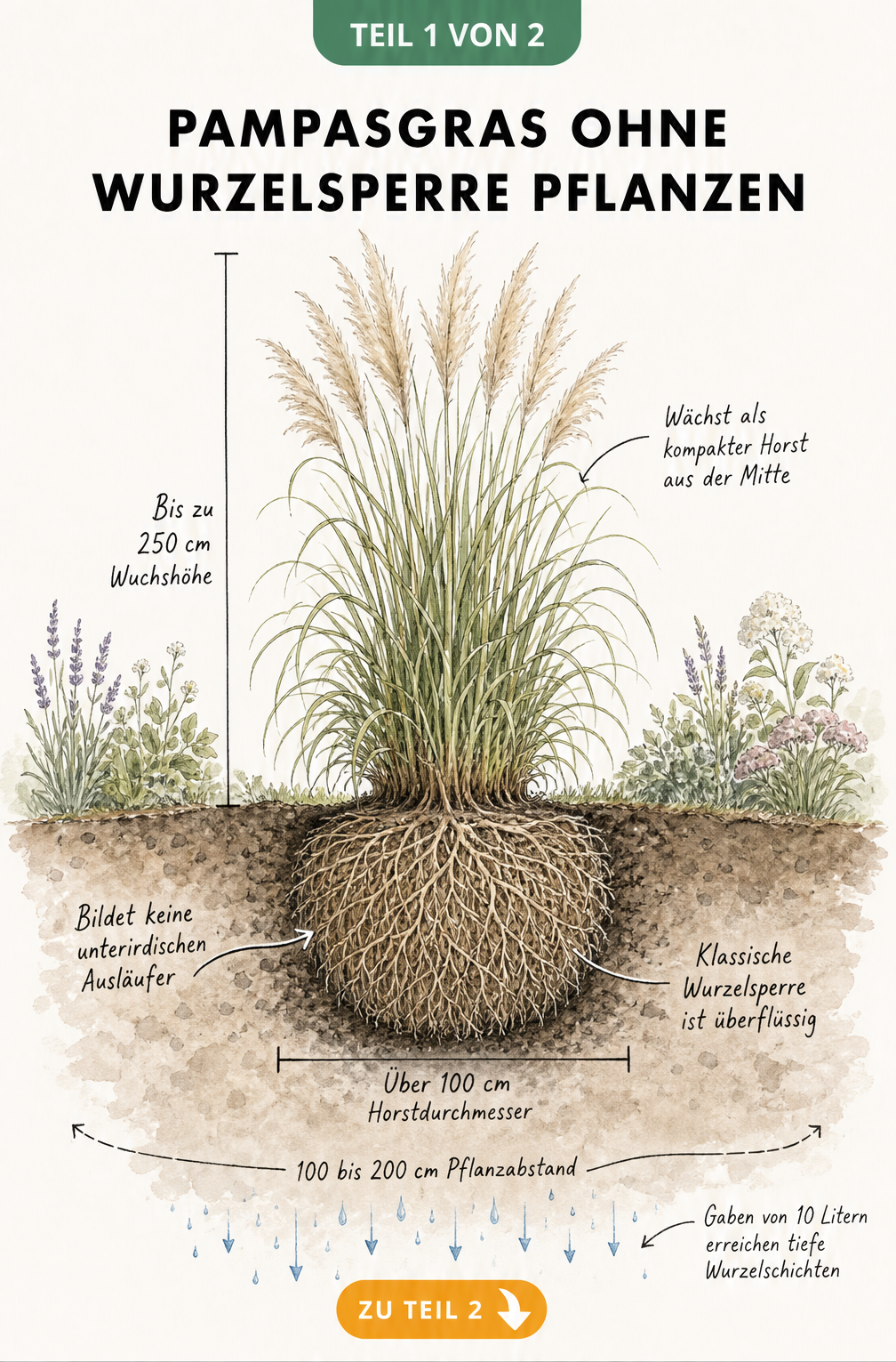 Botanische Querschnitt-Darstellung eines Pampasgrases im Garten, die zeigt, dass es keine unterirdischen Ausläufer bildet und eine Wurzelsperre überflüssig ist.