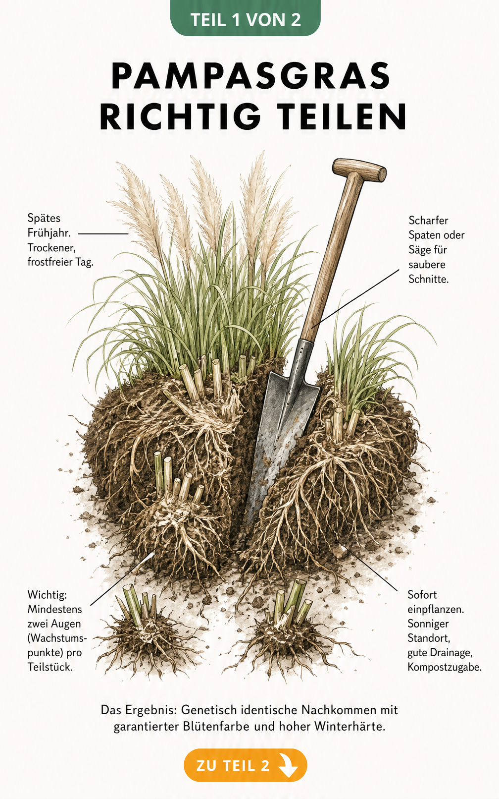 Botanische Illustration der Wurzelteilung eines Pampasgrases mit Spaten