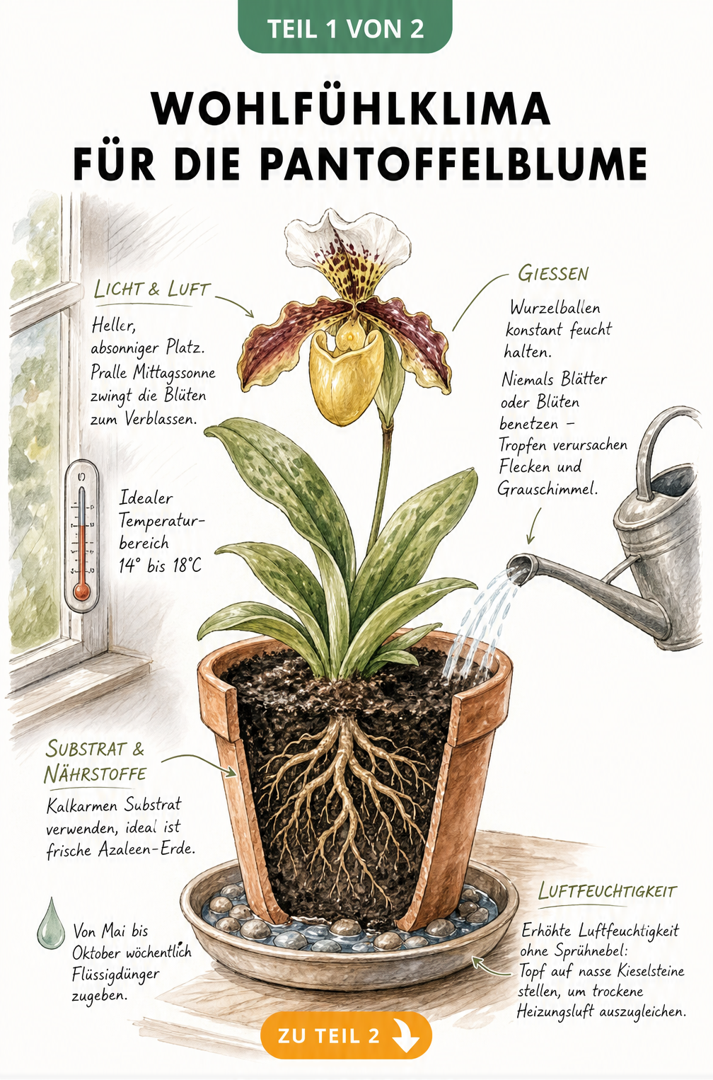 Botanische Illustration einer Pantoffelblume im Topf mit Hinweisen zu Standort, Temperatur, Gießen und Erde