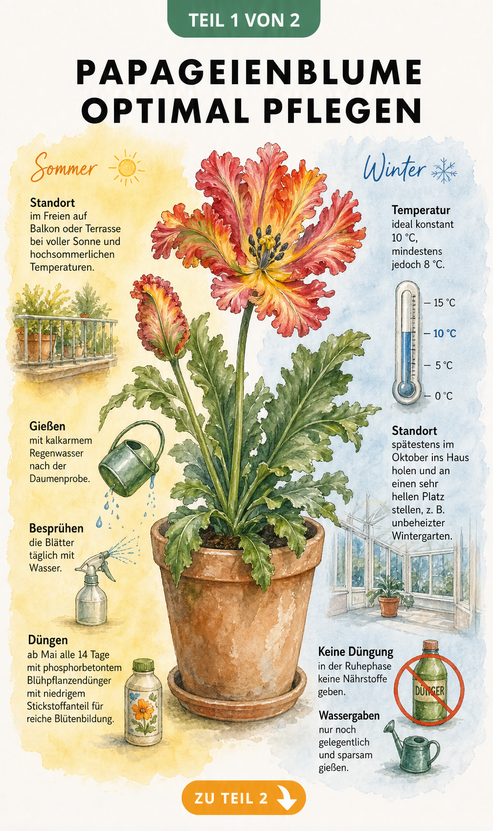 Botanische Illustration einer Papageienblume mit Pflegehinweisen für Sommer und Winter