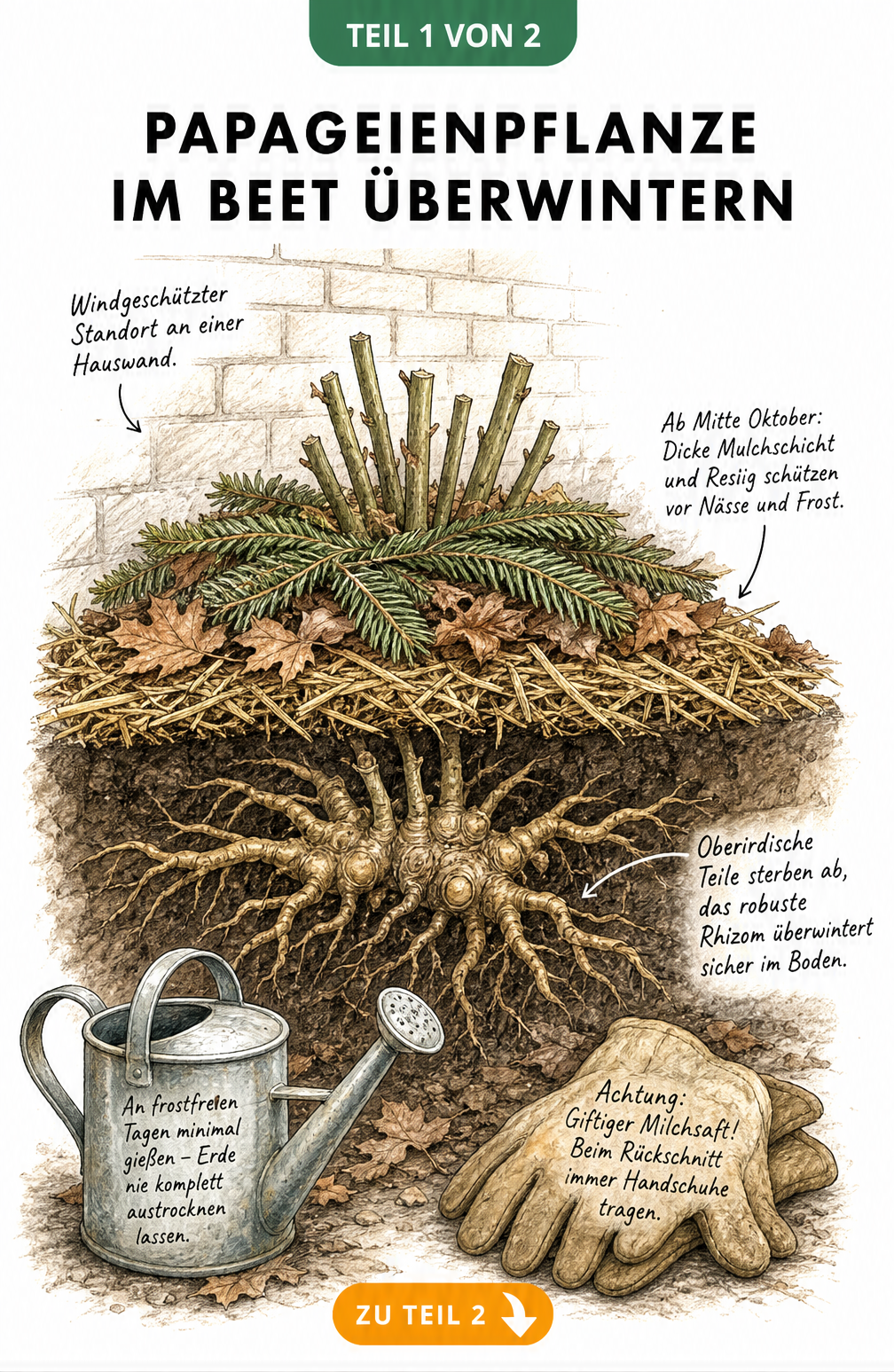 Querschnitt einer Papageienpflanze im Gartenboden mit Mulchschicht und Reisig als Winterschutz vor einer Hauswand