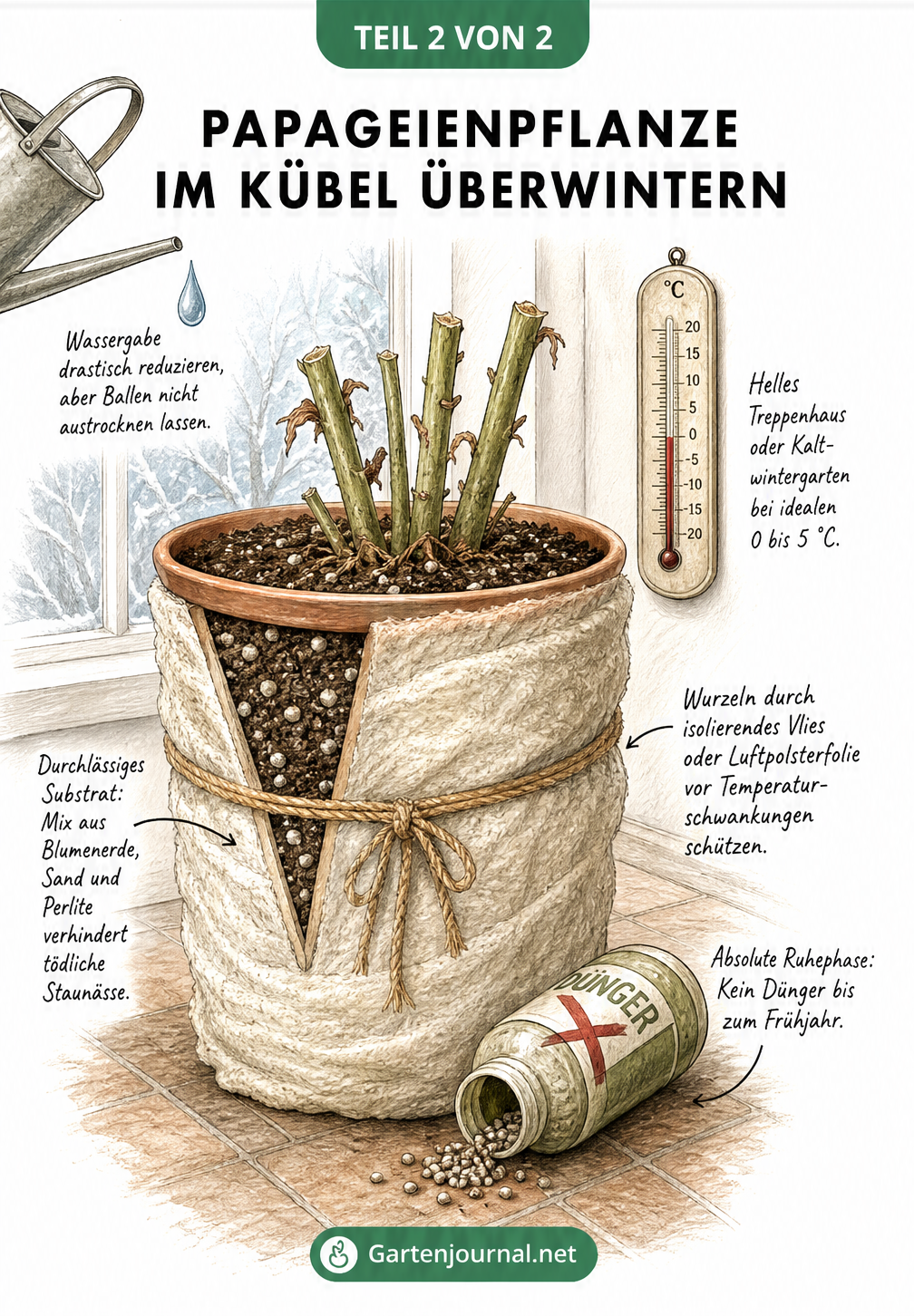 Papageienpflanze in einem Terrakotta-Kübel, umwickelt mit Wintervlies, in einem kühlen Innenraum bei 0 bis 5 Grad