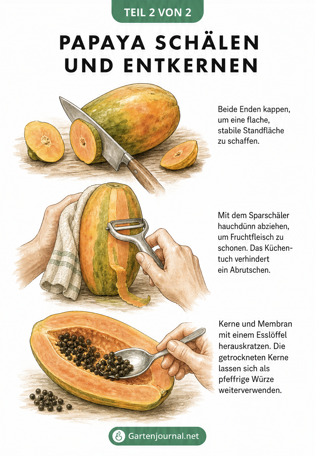Illustration der drei Schritte zum Papaya schälen: Enden abschneiden, mit dem Sparschäler schälen und Kerne mit einem Löffel herauskratzen.