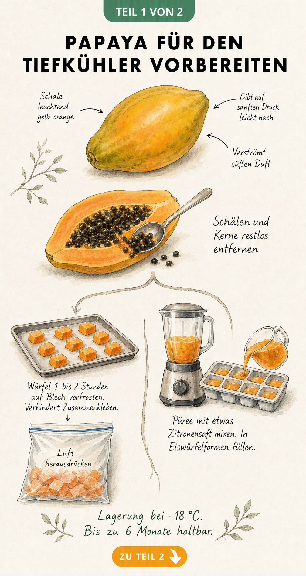 Illustration einer Papaya mit Hinweisen zur Reife, dem Entfernen der Kerne und zwei Methoden zum Einfrieren als Würfel oder Püree